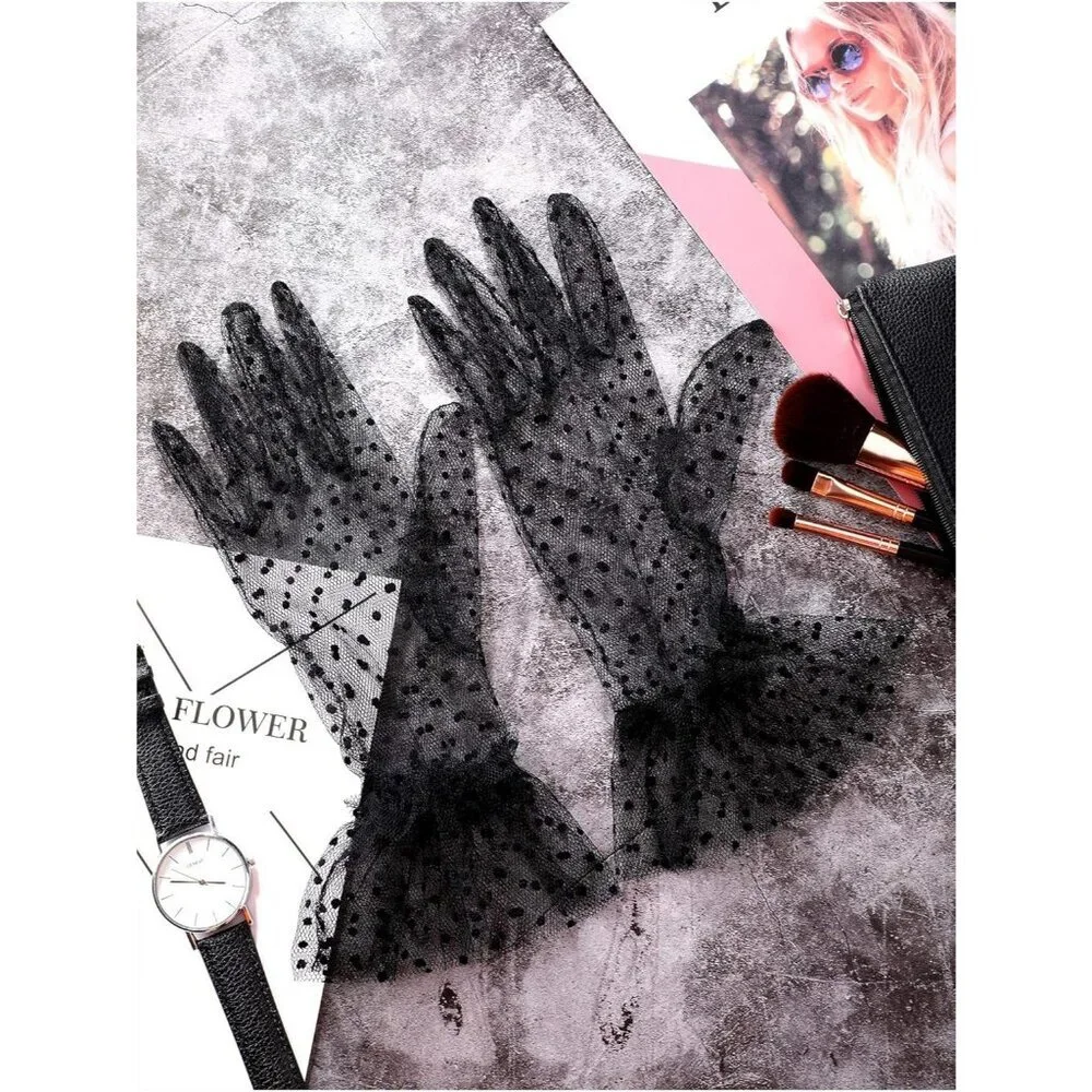 Women's Evening Black Elegant Polka Dot Mitten Lace Gloves Party Tea Accessories